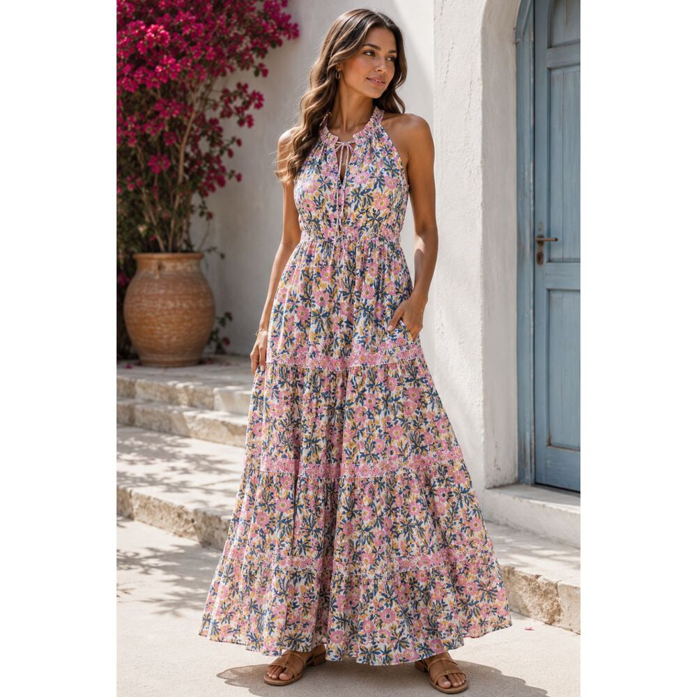 Caroline Constas Floral Cotton Tiered Maxi Dress Smocked Halter One Size